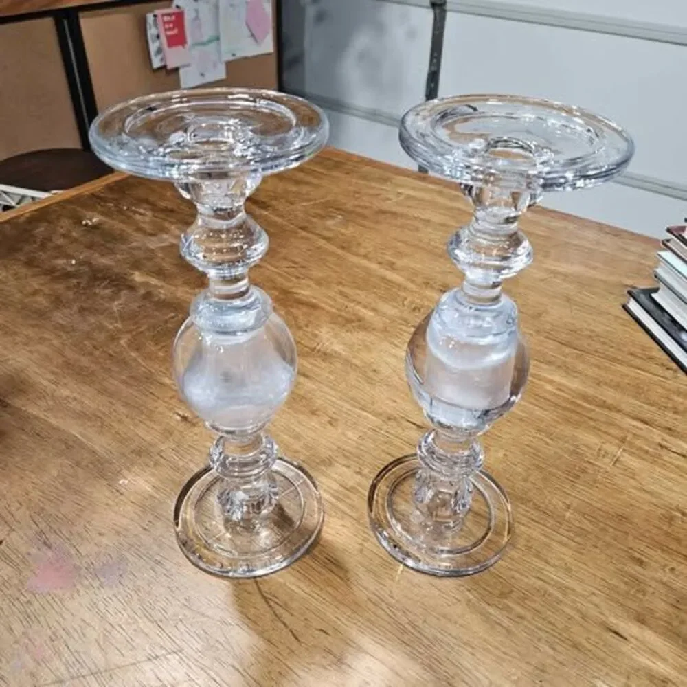 Pair tall clear glass decorative candle holders